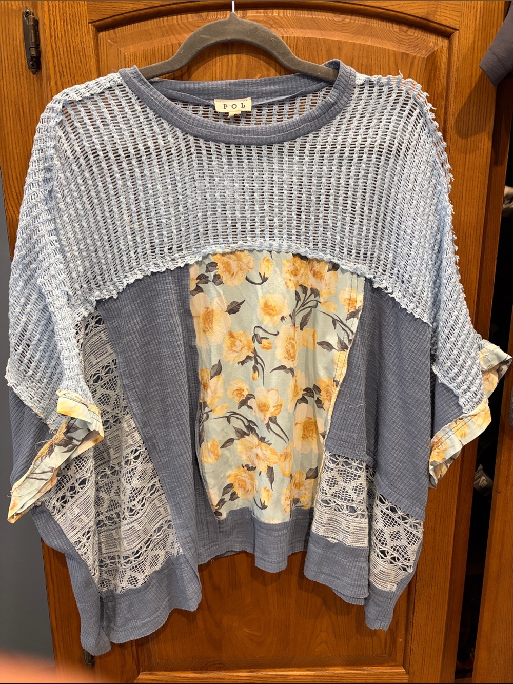 POL Blue Knit & Yellow Floral Patchwork Tunic size small